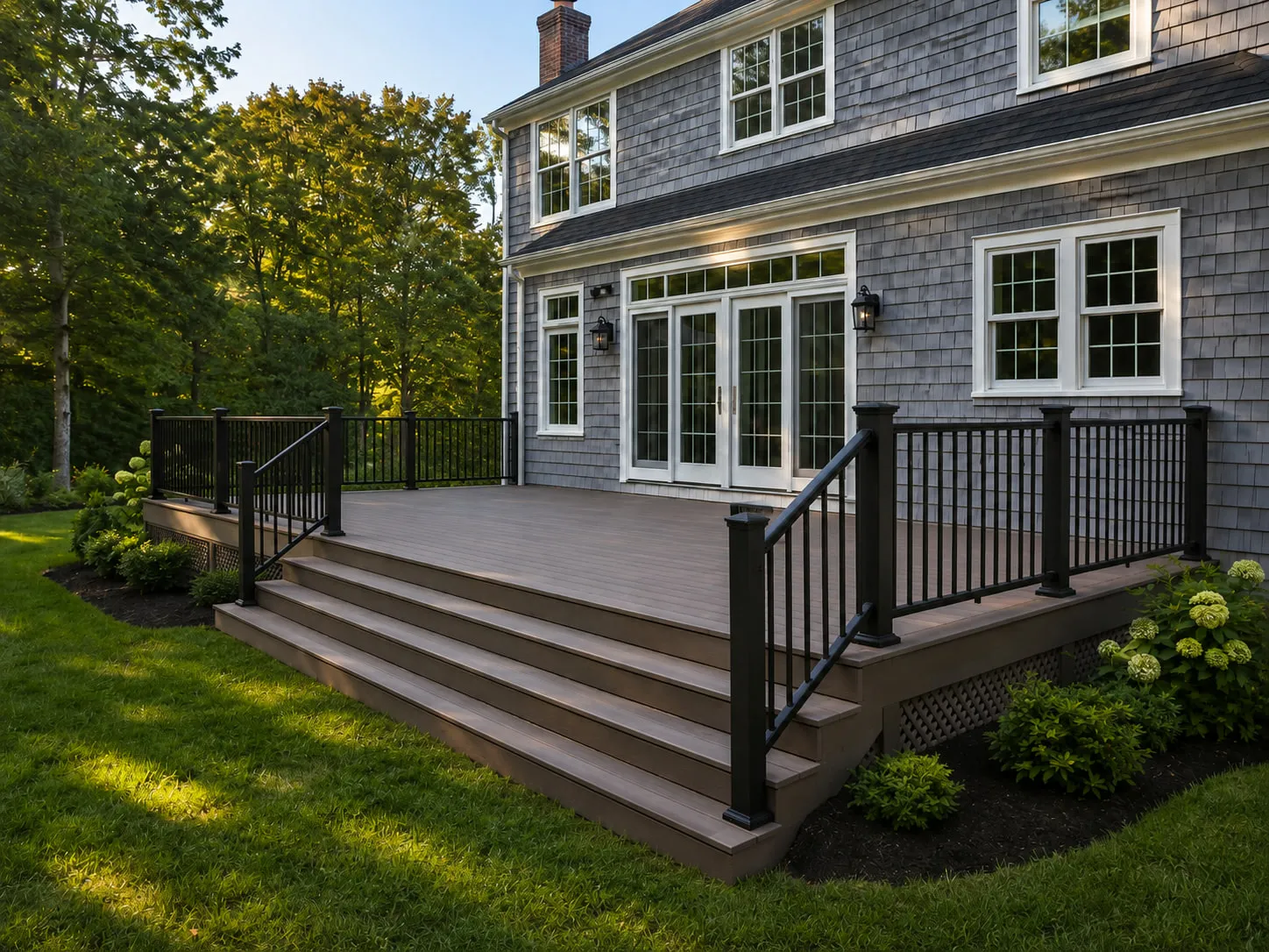 Composite deck with black aluminum railings and wide stairs built onto a grey shingled home