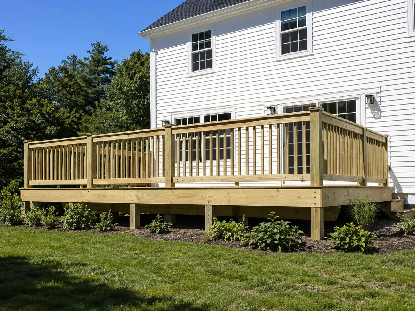 Newly built pressure-treated wood deck with matching railings on a white clapboard New England home